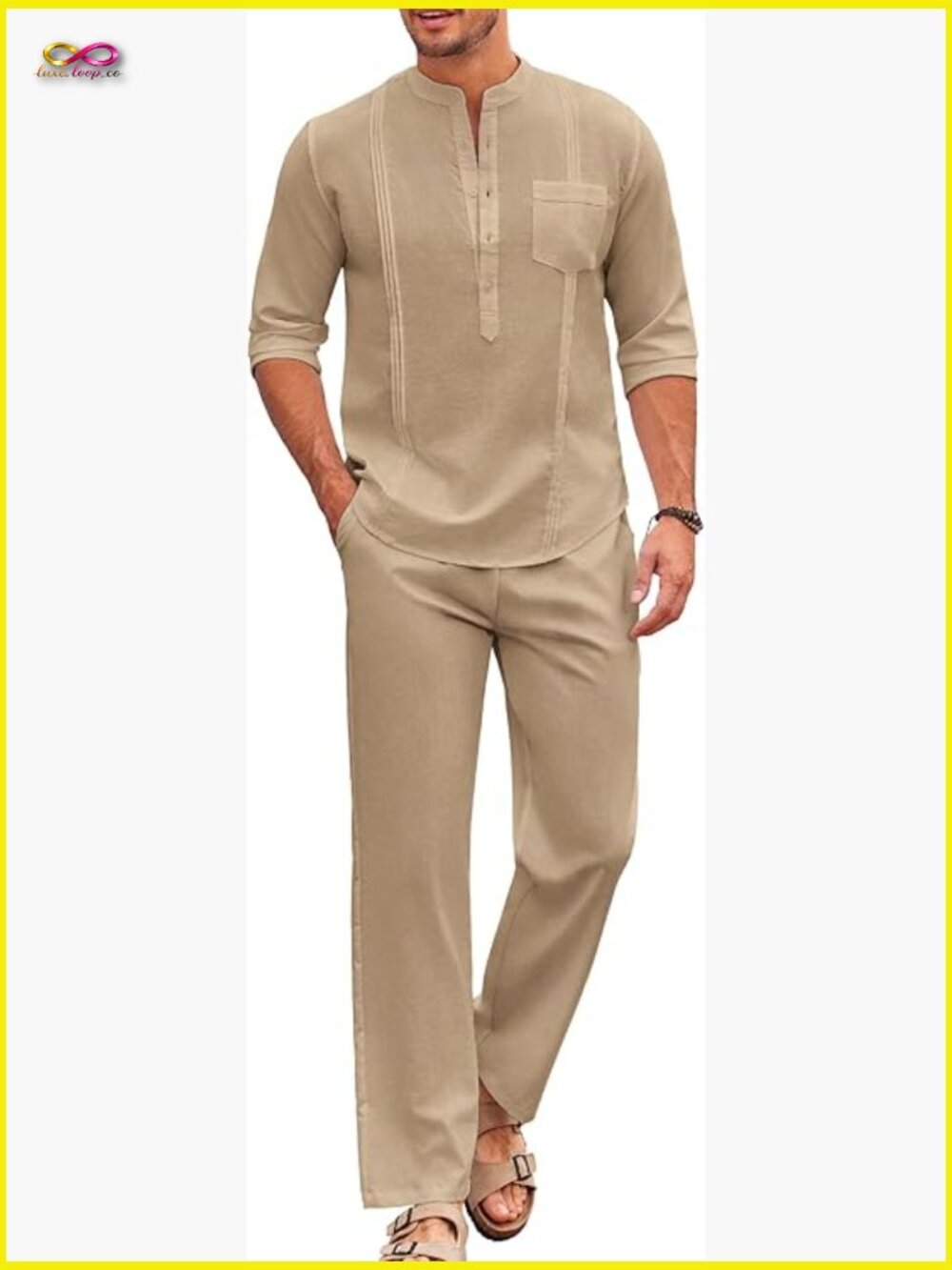 Casual 2 Piece Cotton Linen Set Long Sleeve Henley Shirt Jogger Pants Beach